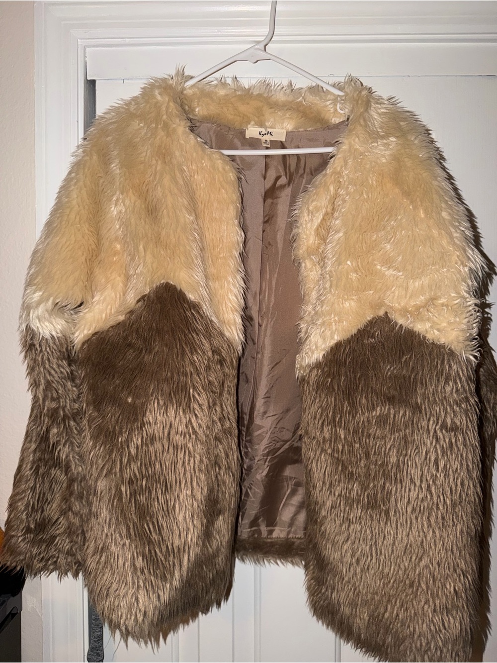 Faux Fur Two-Tone Coat in Beige & Brown